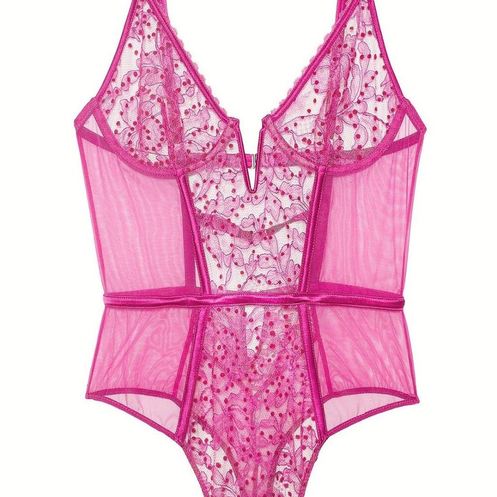 Fleur Du Mal Flocked Lace Thong Bodysuit - Hot Pink M